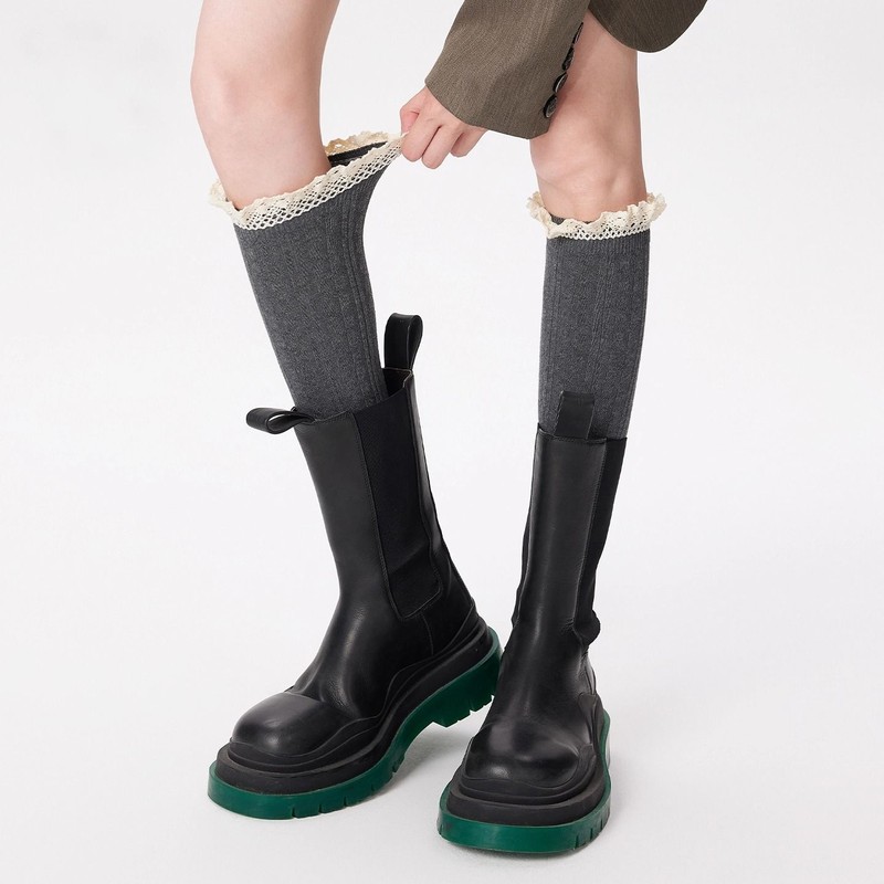 蕾丝花边JK小腿袜女拼接白色堆堆袜长袜配靴子显瘦中长筒袜学院