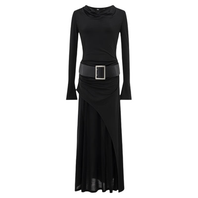 黑色荡领长连衣裙配腰带