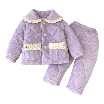 儿童睡衣冬季三层加厚夹棉法兰绒家居服套装女童可爱公主风可外穿