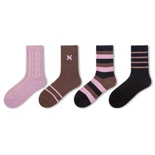 耐尔袜子女春秋纯色棉纱潮袜条纹紫色学生中筒袜秋冬透气女士长袜