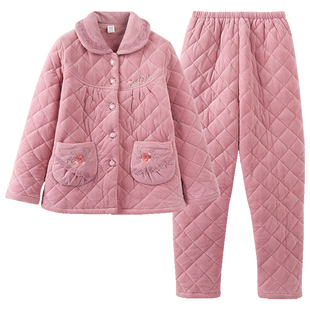 睡衣女款三层夹棉冬季中老年妈妈珊瑚绒加厚加绒法兰绒家居服套装