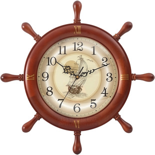 家用创意简约客厅挂钟静音机芯时钟实木个性船舵复古现代装饰钟表