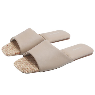 轻奢小羊皮情侣亚麻凉拖鞋女真皮室内情侣防滑轻便轻声牛筋底男夏