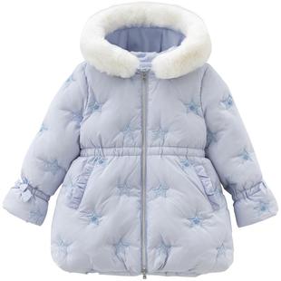戴维贝拉儿童中长款羽绒服2025冬装新款女童防水加绒加厚外套蓝色