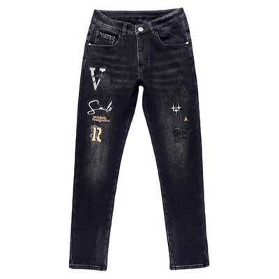 冬季拉链刺绣加绒加厚牛仔长裤