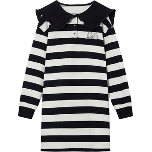 URLAZH有兰秋冬季新款黑色条纹海军领减龄长袖中长款卫衣裙连衣裙