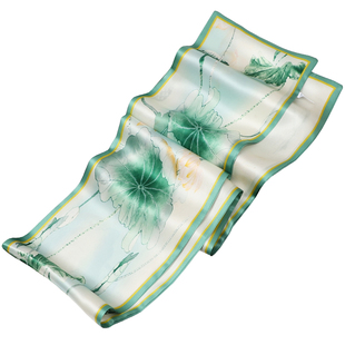 淡雅清荷桑蚕丝细窄长条小丝巾绿色双面真丝围巾高级感领巾飘带