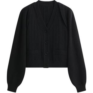 2026夏季新款短外套女装黑色V领长袖针织开衫女毛衣外套