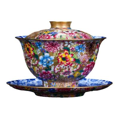 陶瓷三才盖碗手绘珐琅彩泡茶碗