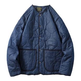 日系叠穿无领牛仔棉服外套男款冬季短款水洗棉袄外贸牛货棉衣夹克
