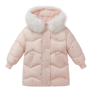 女童羽绒服冬季小童中长款加厚保暖宝宝防风毛领冬款儿童冬装外套