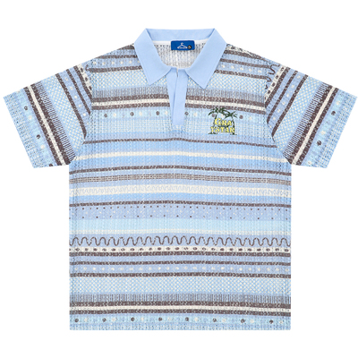 条纹撞色针织Polo领宽松短袖T恤