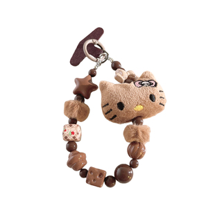 秋冬新款卡通棕毛绒KT猫公仔串珠手链手机链挂件创意百搭挂绳装饰学生网红可爱女款钥匙扣链ccd便携手腕带J15