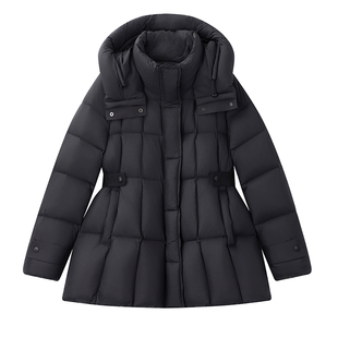 小个子黑色连帽鸭绒外套2025新款女装冬季修身收腰中长款羽绒服女