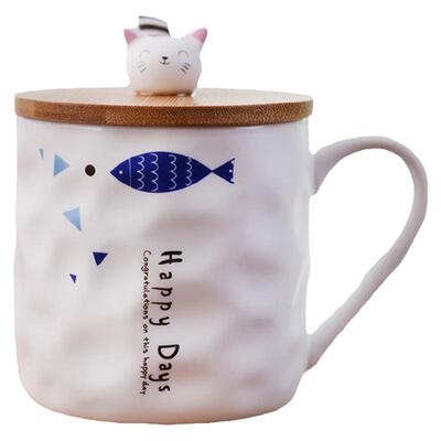 卡通质感手把带盖带勺牛奶杯创意