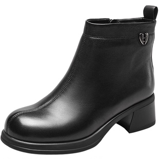 意尔康女鞋2025冬季真皮法式加绒短靴粗跟气质羊皮及踝靴妈妈皮鞋