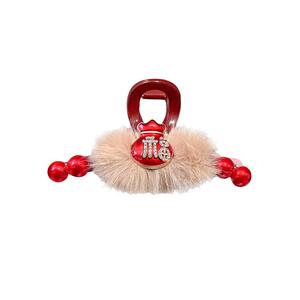 本命年红色毛绒抓夹发夹女秋冬新年发卡后脑勺盘发鲨鱼夹夹子头饰