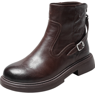 意尔康加绒羊皮短靴女马丁靴2025冬新款厚底切尔西靴烟筒靴女棕色