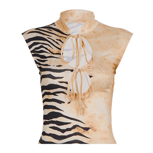 MSYOUCAN 复古风动物纹印花镂空系带小背心显瘦辣妹立领无袖上衣