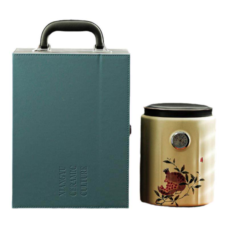 祥裕陶瓷茶叶罐密封罐带湿度计白茶普洱茶饼茶叶包装商务高档礼盒