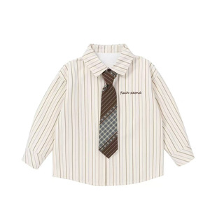 儿童韩版条纹衬衫加绒中大男童装长袖绅士风领带高级感痞帅衬衣