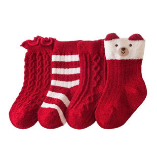 宝宝新年袜儿童秋冬加厚珊瑚绒保暖袜婴儿周岁百日大红松口中筒袜