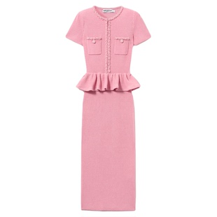 self-portrait 2026早春新款气质粉红色珠饰针织打底连衣裙中长裙