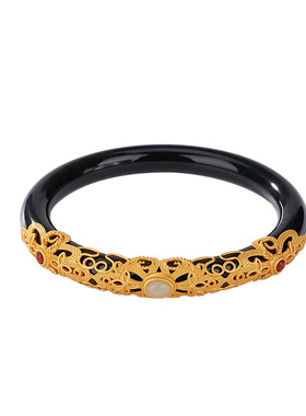 山予棠S925纯银镀金南红和田玉塔青复古胖圆条玉镯气质美人条手镯