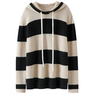 会穿气质女~加厚100%纯山羊绒帽衫女连帽毛衣条纹针织衫宽松秋冬