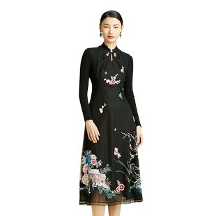 SUSSI/古色商城同款黑色旗袍领前中开水滴刺绣连衣裙
