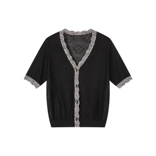 一城画一夏季通勤短款毛衫外套轻薄透气开衫杏色/黑色