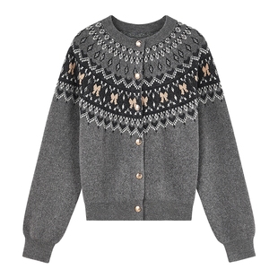复古花纹图案针织开衫女2025年冬季新款柔软保暖圆领打底针织上衣