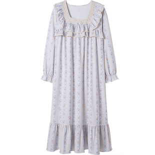 思莉太太睡裙女款纯棉长袖独特绝美碎花方领法式宫廷风长款睡衣