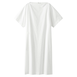 440ME女装 气质一字领舒适纯棉宽松中袖长款白色连衣裙FCSS1052W