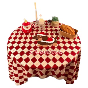 新年桌布红色氛围感装饰布置复古格子茶几圆形圆桌子过年布艺棉麻