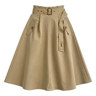 复古卡其色半身裙中长款夏季女装大码a字梨型身材遮胯伯克利伞裙