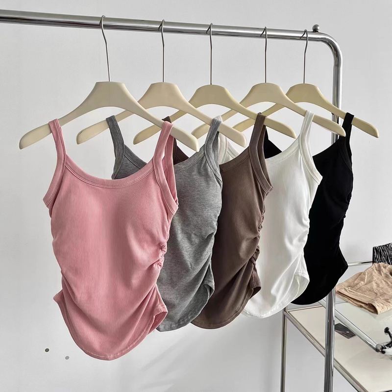 秋冬季带胸垫磨毛打底内搭加厚吊带背心褶皱设计修身显瘦无袖上衣