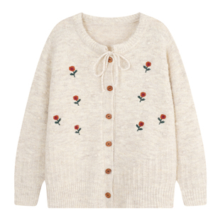 YUZI鱼子软糯针织开衫大码女装秋冬刺绣花朵系带毛衣外套温柔上衣