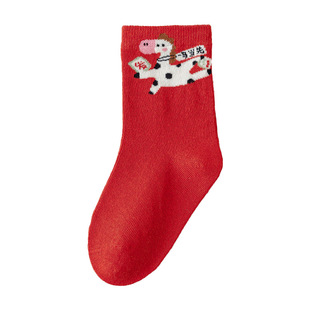 儿童袜子秋冬红色本命年新年袜男童卡通可爱马女童字母宝宝中筒袜