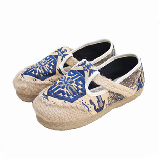 云南夏复古手工草鞋男女一脚蹬情侣亚麻草编鞋民族风休闲泰国布鞋