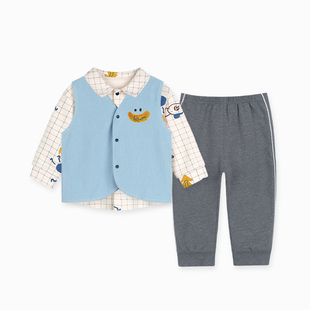 衣拉拉春秋款婴儿套装马甲三件套0-1岁男童分体宝宝春天衣服纯棉