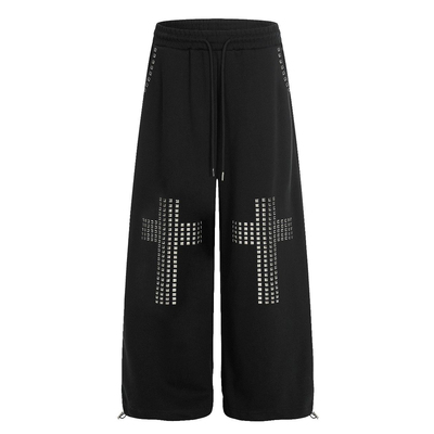 黑色高街铆钉十字架烫钻阔腿卫裤