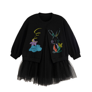 砚台家女童纯棉插画连衣裙春季假两件开衫卫衣裙宝宝纱裙公主裙子