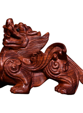 小叶紫檀木雕刻麒麟摆件实木开业