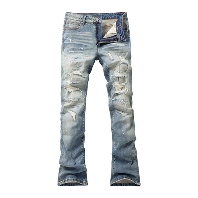 YIUXI宇犀破洞补丁牛仔裤男潮流休闲修身直筒长裤美式高街风1044