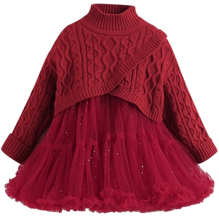 女童加绒连衣裙秋冬2026新款儿童公主裙拜年服冬装女孩红色毛衣裙