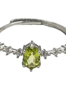 天然托帕石橄榄石戒指s925银镶嵌晶体通透时尚百搭可调节复古