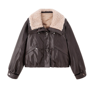 羊羔毛翻领PU皮羽绒服女2025冬季新款宽松显瘦保暖白鸭绒短款外套