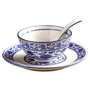 高端私人会所餐具碗盘套装家用陶瓷碗青花瓷盘子碗个人专用三件套