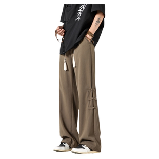 秋春汉唐国风新中式肥腿盘扣宽松大码胖人可穿个性休闲修士风长裤